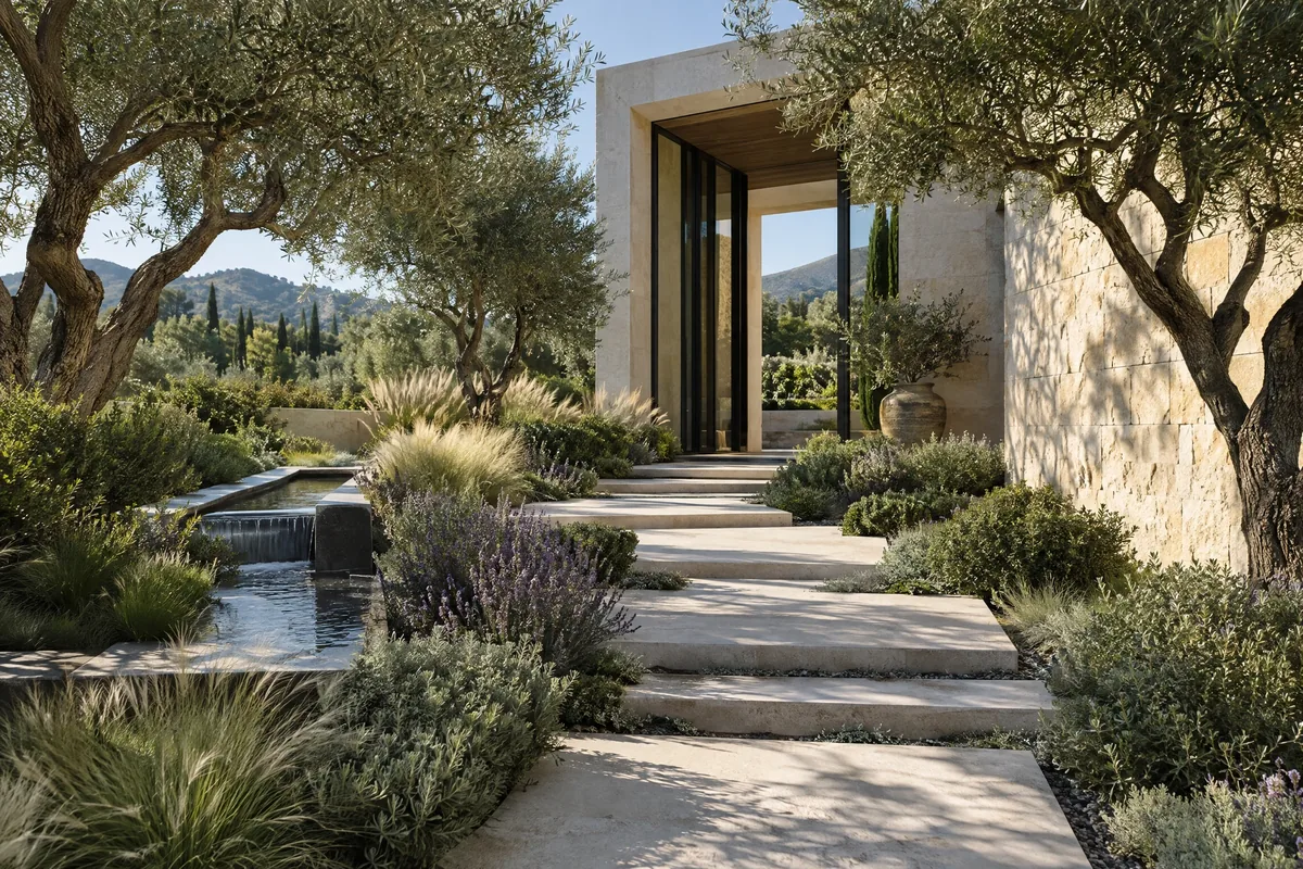 Illustrative villa arrival garden concept with sculptural stone and climate-conscious planting